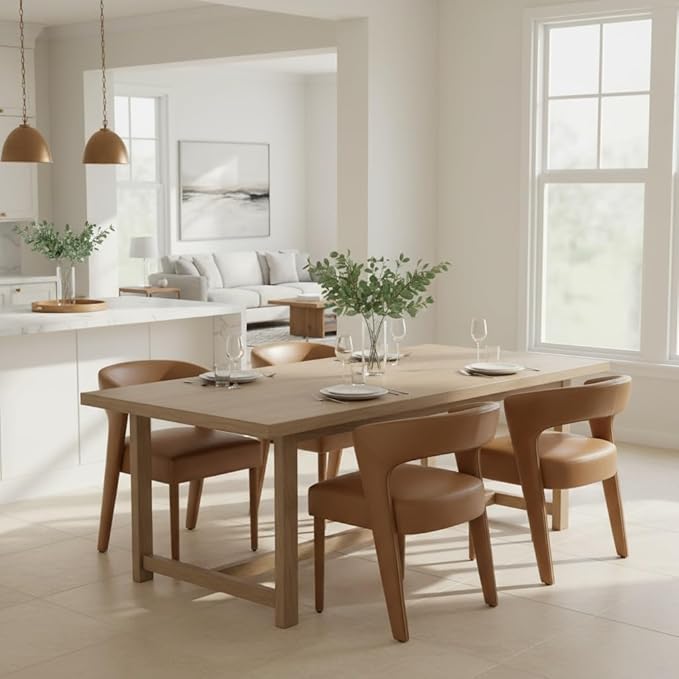 DUOMAY Modern Dining Chairs Set of 2, Leather Fabric Upholstered Kitchen Chairs with Curved Open Back Accent Side Chairs Dining Room Chairs with Wood Legs, Brown