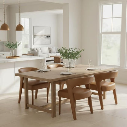 DUOMAY Modern Dining Chairs Set of 2, Leather Fabric Upholstered Kitchen Chairs with Curved Open Back Accent Side Chairs Dining Room Chairs with Wood Legs, Brown