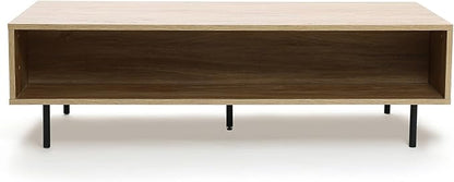 LuxenHome Mid-Century Modern Coffee Table with Storage, Wave Design Farmhouse Wood Center Table with Metal Legs, Open Shelf & Drawer, Accent Tea Table for Living Room, Rustic & Functional Design