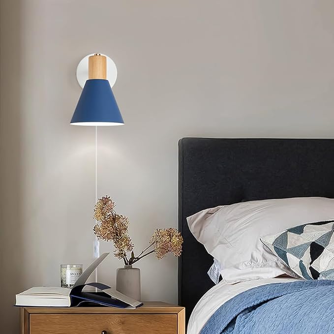 Plug in Wall Sconces Lighting Fixture Pack of 2, Wooden Adjustable Bedside Wall Lamp for Industrial Bedroom, Bathroom Sink Lighting (Plug-in Blue, 2)