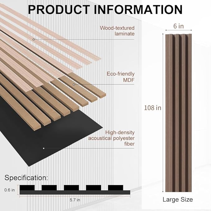 2PCS Wood Slat Acoustic Wall Panels for Ceiling and Wall Decor 3D Fluted Sound Absorbing Textured Panel with Wood Finish 108"×6" (Maple Light)