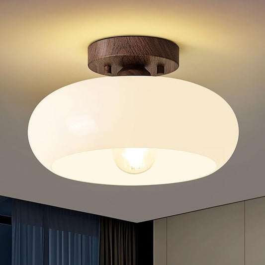 Mid-Century Modern Semi Flush Mount Ceiling Light, Faux Walnut Wood Kitchen Light Fixtures with Glass Shade, Vintage White Close to Ceiling Lamp for Entryway Hallway Bathroom (11.0 Inch)