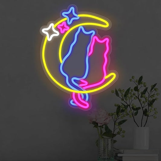 Moon Cat Neon Signs for Wall Decor Neon Lights for Bedroom Led Signs for Man Cave Bar Pub Kids Room Restaurant Christmas Birthday Party Pet Shop Gifts Led Art Wall Decorations