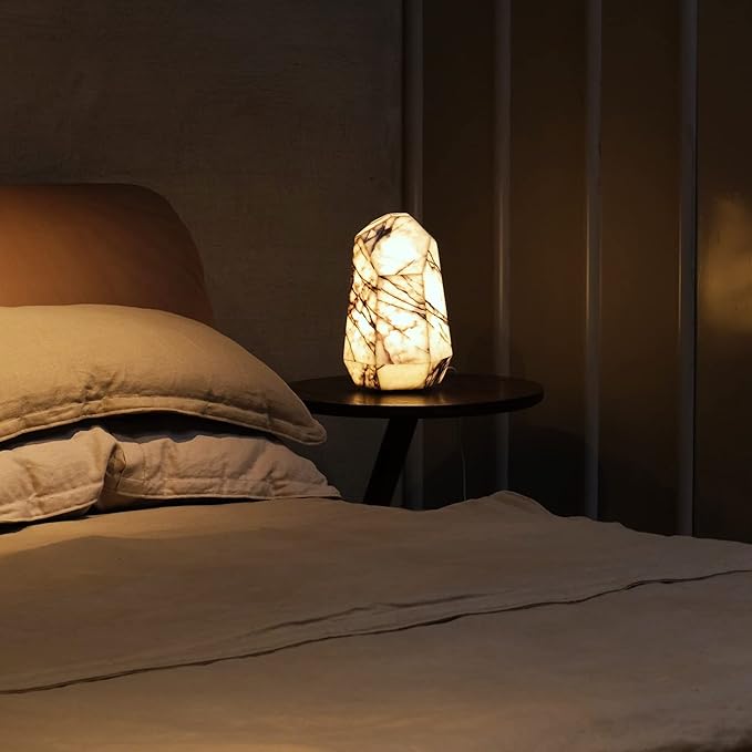 Handcrafted Real Marble Table Lamp, Stone Lamp with Tri-Color Dimmable LED, Bedside Lamp, Small Table Lamp for Home Decor, Table Lamp for Bedroom Living Room, Multifacet