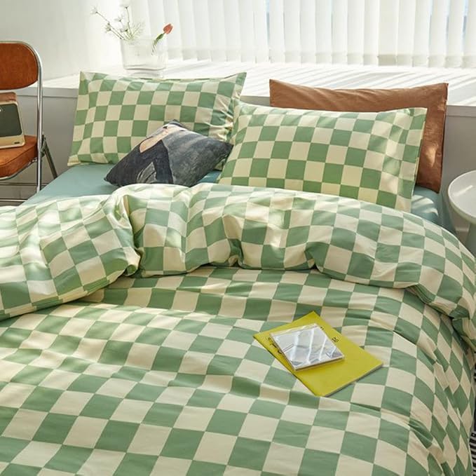 CLOTHKNOW Green White Plaid Comforter Sets California King 3Pcs Grid Bedding Comforter Sets Checker Comforter with 2 x Pillow Cases