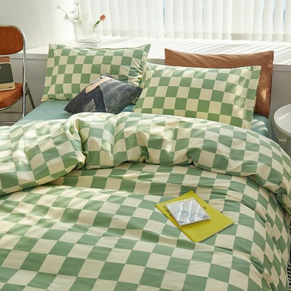 CLOTHKNOW Green White Plaid Comforter Sets California King 3Pcs Grid Bedding Comforter Sets Checker Comforter with 2 x Pillow Cases