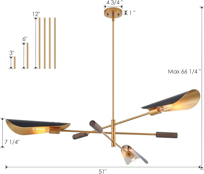 51" Industrial Farmhouse Chandelier with Antique Brass Brush Paint and Matt Black Finish, Wood Pendant Lighting Fixture for Dining Room Living Room Kitchen Island Bedroom 3-Light