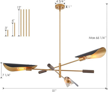 51" Industrial Farmhouse Chandelier with Antique Brass Brush Paint and Matt Black Finish, Wood Pendant Lighting Fixture for Dining Room Living Room Kitchen Island Bedroom 3-Light