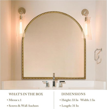 33x31 Inch Arched Bathroom Mirror, Antique Gold Wall Mirror Metal Beaded Frame, Vanity Mirror for Dresser Living Room Bedroom Mantel Entryway Hallways