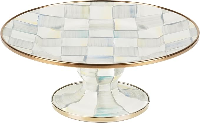 MACKENZIE-CHILDS Enamel Pedestal Platter, Round Cake Stand, Mini, Gray-and-White Sterling Check