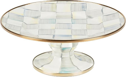 MACKENZIE-CHILDS Enamel Pedestal Platter, Round Cake Stand, Mini, Gray-and-White Sterling Check