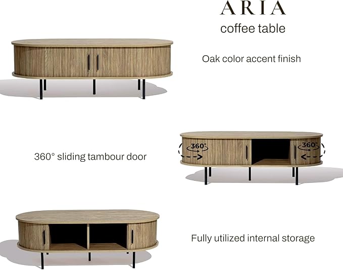 LuxenHome Oval Coffee Table with Storage, 47" Mid Century Modern Fluted Coffee Tables for Living Room, Wooden Sliding Door Boho Storage Center Table for Home, Office