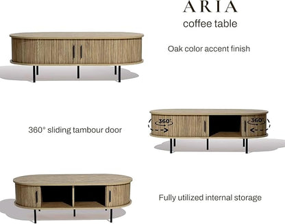 LuxenHome Oval Coffee Table with Storage, 47" Mid Century Modern Fluted Coffee Tables for Living Room, Wooden Sliding Door Boho Storage Center Table for Home, Office