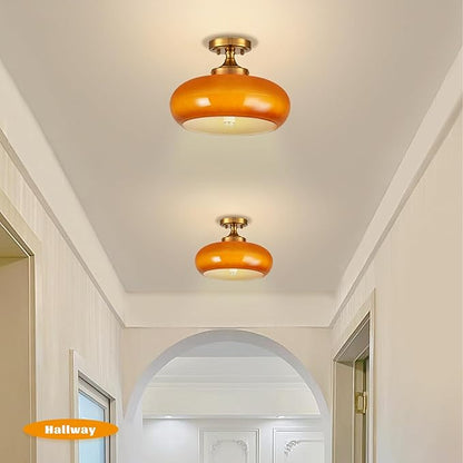 Mid Century Modern Gold Semi Flush Mount Ceiling Light Classic Orange Ceiling Lamp Vintage Glass Kitchen Light Fixture for Hallway Entryway Living Room Bathroom