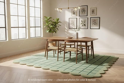 Mint Green Scalloped Edge Wool Area Rug with Checker Grid Design, Hand-Tufted Soft Carpet for Living Room, Bedroom, Nursery, Kids & Playroom Décor - 1x1 Ft (Sample)