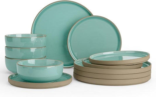 Famiware Nature Plates and Bowls Sets, 12 Pieces Stoneware Dinnerware Sets, Dishes Set for 4, Dishware Sets, Microwave and Dishwasher Safe, Verdure