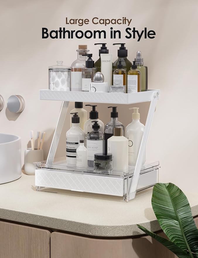 2 Tier Bathroom Countertop Organizer, Z-Shaped Vanity Organizer with Sliding Tray & Drawer, Skincare, Makeup & Perfume Storage Organizer, Acrylic office, Dresse & Desk Organizer