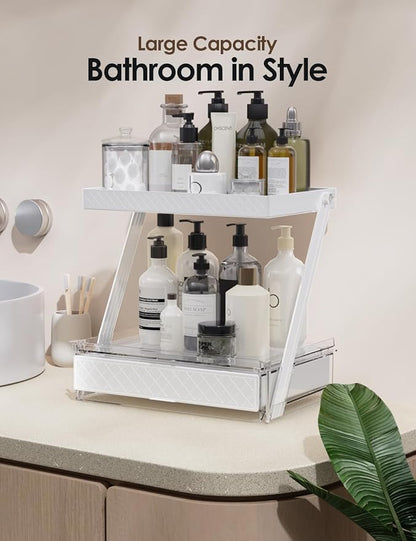 2 Tier Bathroom Countertop Organizer, Z-Shaped Vanity Organizer with Sliding Tray & Drawer, Skincare, Makeup & Perfume Storage Organizer, Acrylic office, Dresse & Desk Organizer