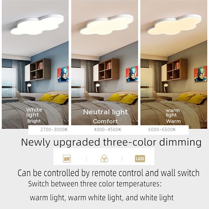 Modern Kids Room Ceiling Light,19in LED Light Fixture/with Remote Adjustable Lighting, Close-to-Ceiling Fixture for Bedroom, Kindergarten, Hallway, Balcony (White)