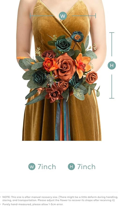 Ling's moment Artificial Flowers Teal Bridesmaid Bouquet, Burnt Orange Wedding Flowers Bouquets for Bridesmaids, 7 Inch Bridal Bouquets for Bridesmaids, Wedding Decor, Ceremony, etc.