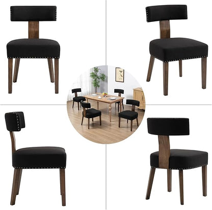 Upholstered Wooden Farmhouse Dining Chairs Set of 2, Mid-Century Modern Fabric Dining Room Chairs with Wood Legs, Curved Backrest Kitchen Chairs for Living Room, Black