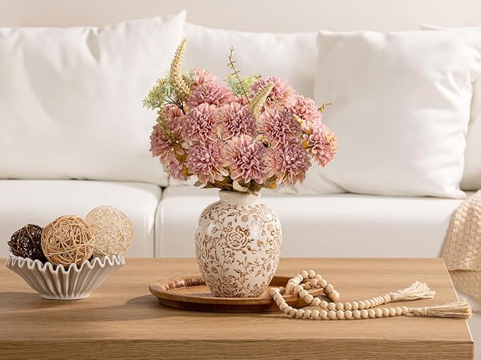 Ceramic Vintage Vase, Flower Decorative Vase Chinoiserie Decor Rustic Farmhouse Retro Floral Vases for Table Bookshelf Mantel Kitchen Living Room Office - 7.8inch Brown