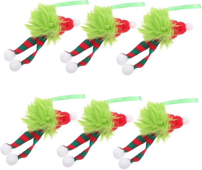 6pcs Christmas Furry Ornaments with Santa Hat and Striped Scarf Plush Hanging Pom Pom Balls for Xmas Tree Indoor Outdoor Holiday Decorations Festive Holiday Creature Design