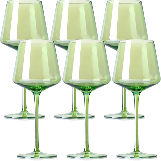 Physkoa Green Wine Glasses Set of 6-16oz Hand-Blown Green Wine Glass with Long Stem, Unique Red & White Wine Glasses For Party Home Bar Christmas