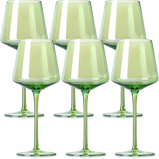 Physkoa Green Wine Glasses Set of 6-16oz Hand-Blown Green Wine Glass with Long Stem, Unique Red & White Wine Glasses For Party Home Bar Christmas