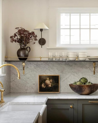 KBKBART Framed Canvas Wall Art Vintage Decor, Dark Vintage Still Life Flower Canvas Oil Painting, Classical Moody Peony Bouquet Prints for Wall Decor, Antique Floral Art Painting Victorian Decor Artwork for Bedroom Living Room Bathroom Gallery(8"x10")