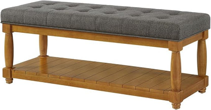24KF Large Rectangular Upholstered Tufted Bed Bench, Linen Fabric Storage Ottoman Bench for Living Room, Padded Entryway Bench with Solid Wood Shelf,5098-Granite