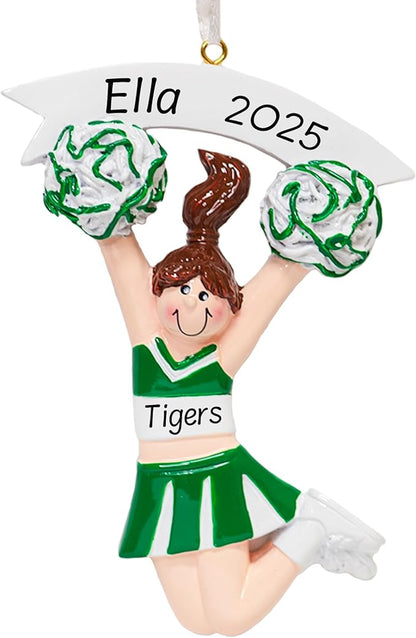 Personalized Cheerleader Christmas Ornament 2025 | Cheer Girl Dancer Cheerleading with Green Pompom Ornament for Christmas Tree | Pom Pom Dance Gift