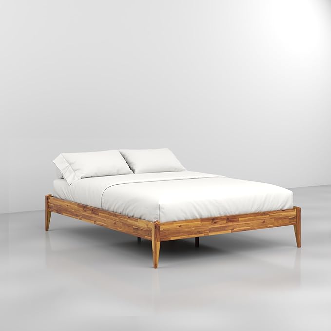 Bme Dinkee Wooden Queen Bed Frame, 15 Inch Height, Elegant Minimalist Modern Design with Japanese Joinery, Durable Wood Slats for Reliable Support, No Box Spring Required, Caramel
