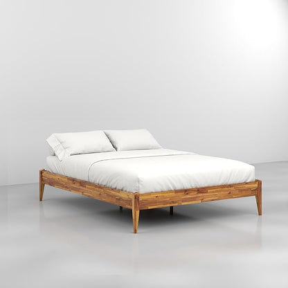 Bme Dinkee Wooden Queen Bed Frame, 15 Inch Height, Elegant Minimalist Modern Design with Japanese Joinery, Durable Wood Slats for Reliable Support, No Box Spring Required, Caramel