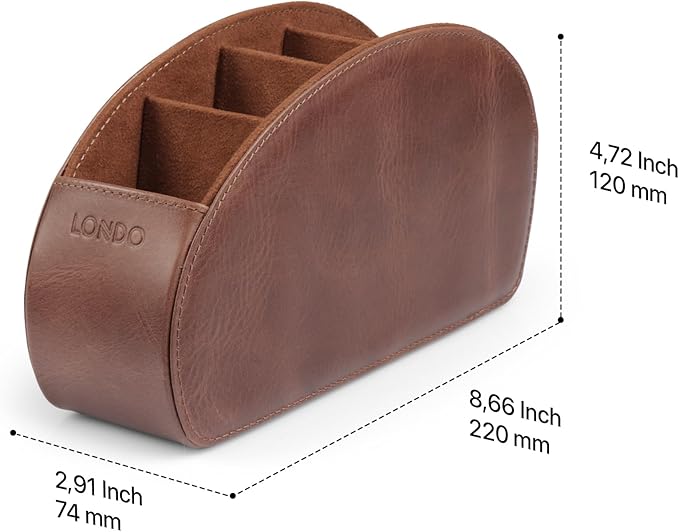Londo Remote Control Holder with 5 Pockets - Store DVD, Blu-Ray, TV, Roku or Apple TV Remotes - Italian Genuine Leather with Suede Lining - Slim, Compact Living or Bedroom Storage