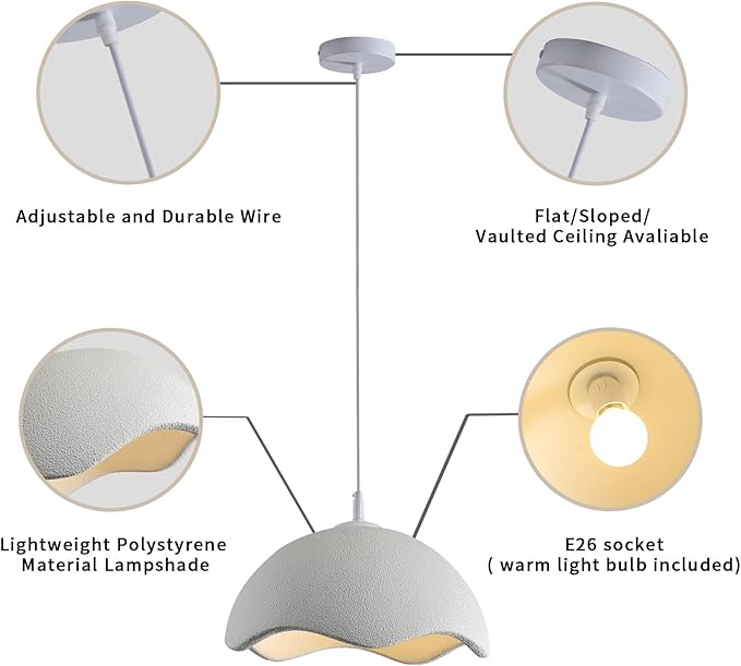 JAYMP 40cm Modern Pendant Light for Dining Room Kitchen Island Light Hanging Lamp E26 Base Japanese Wabi-Sabi Style Bird Nest Shape Lighting Fixture,1 Pack(Matte White,D Shape, 40cm/15.7inch)