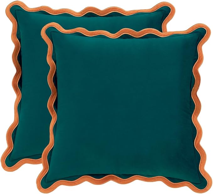 MONDAY MOOSE Decorative Throw Pillow Covers Cushion Cases, Set of 2 Soft Velvet Scalloped Wavy Edge Designs, Mix and Match for Home Decor, Pillow Inserts Not Included (Coral/Dark Teal, 16x16 inch)
