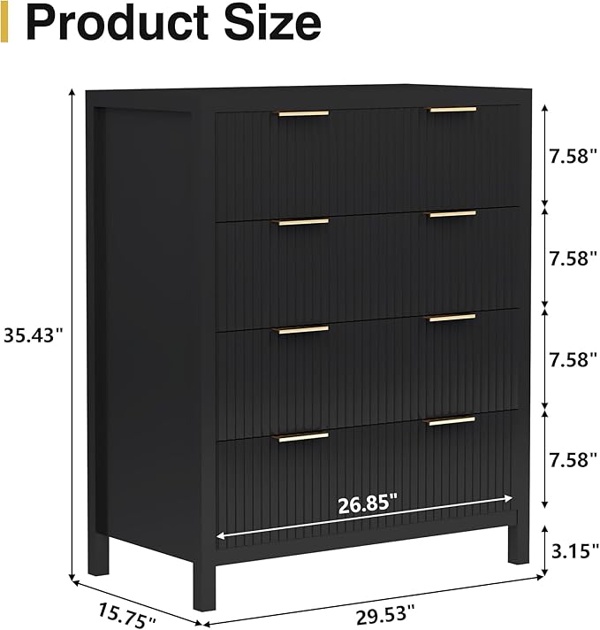 4 Drawer Dressers for Bedroom, Modern Closet Chest of Drawers with Waveform Fluted Panel, Large Wood Storage Dresser Organizer for Nursery Bedroom Living Room Hallway Closet, Black