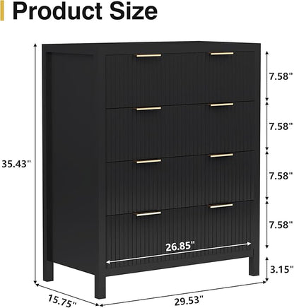 4 Drawer Dressers for Bedroom, Modern Closet Chest of Drawers with Waveform Fluted Panel, Large Wood Storage Dresser Organizer for Nursery Bedroom Living Room Hallway Closet, Black