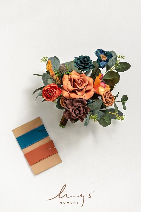 Ling's moment Artificial Flowers Teal Bridesmaid Bouquet, Burnt Orange Wedding Flowers Bouquets for Bridesmaids, 7 Inch Bridal Bouquets for Bridesmaids, Wedding Decor, Ceremony, etc.