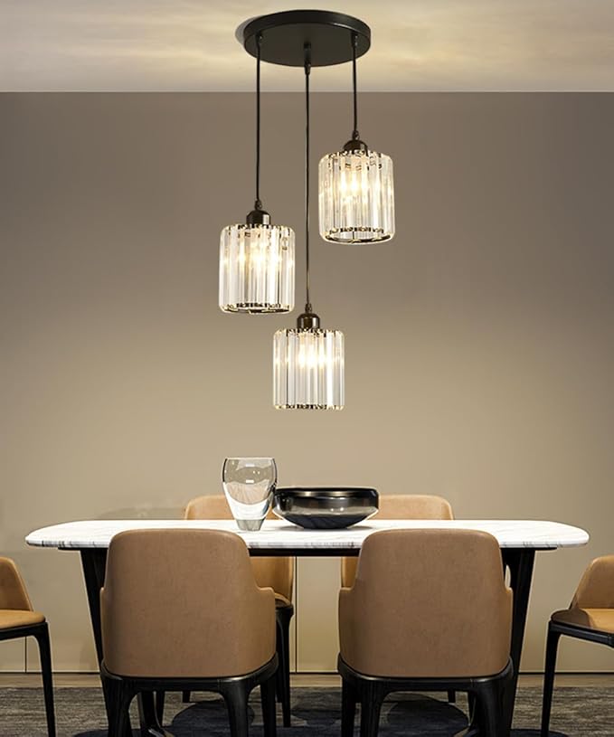 Crystal Pendant Lights Black 3 Light Cluster Ceiling,Modern Hanging Light Fixture for Kitchen Island,Adjustable Round Chandelier for Farmhouse,Dining Room,Foyer,Living Room with LED Bulb