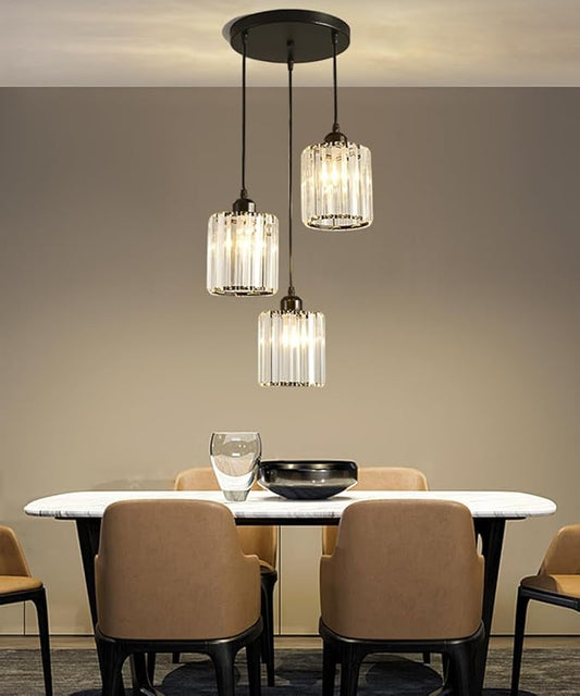 Crystal Pendant Lights Black 3 Light Cluster Ceiling,Modern Hanging Light Fixture for Kitchen Island,Adjustable Round Chandelier for Farmhouse,Dining Room,Foyer,Living Room with LED Bulb