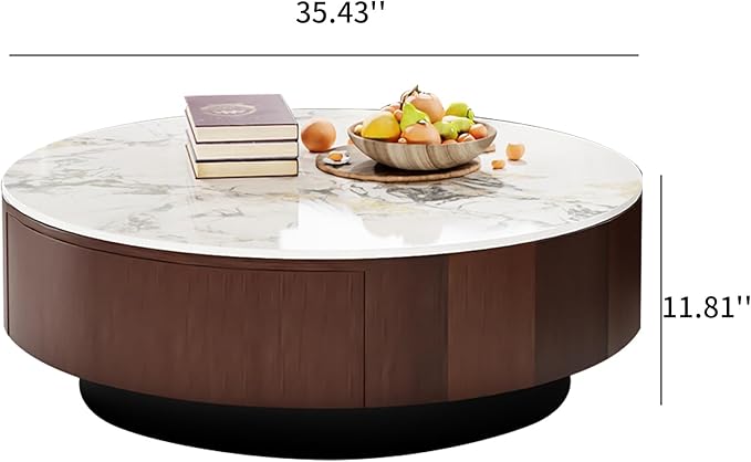 35.43" Modern Coffee Table for Living Room, Round Coffee Table with Storage Drawer, Sintered Stone Top with Metal Base, NO Assembly Living Room Table Tea Table for Home Office