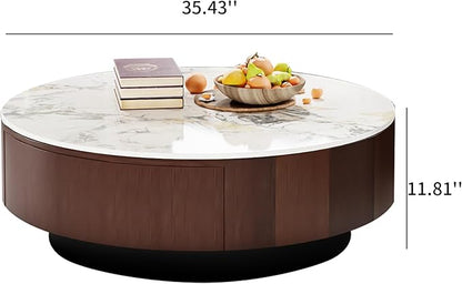35.43" Modern Coffee Table for Living Room, Round Coffee Table with Storage Drawer, Sintered Stone Top with Metal Base, NO Assembly Living Room Table Tea Table for Home Office