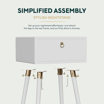 Bme Alden Wood Bedside Table Solid Wood Mid Century Modern Nightstand Compact for Bedroom Living Room & Study Room Easy Assembly, Ivory White