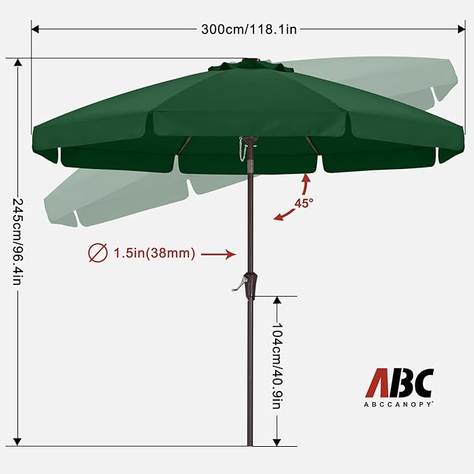 ABCCANOPY 10ft Scalloped Patio Umbrella, Outdoor Table Umbrella with Tilt and Crank, Fiberglass Ribs Deck Umbrella for Patio, Pool, Garden, Picnic (Green)