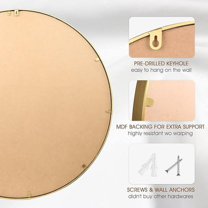 Round Bathroom Wall Mirror, 28"x28" Antique Gold Metal Beaded Frame Vanity Mirror, Wall Mounted Large Circle Makeup Mirror for Bedroom, Living Room, Entryway