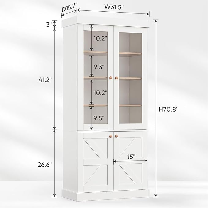 Vyre 71" Tall Farmhouse Bookshelves with Glass Doors, Set of 2 – Large Modular Bookcase with Adjustable Shelves, Storage Cabinet for Living Room, Kitchen, Home Office, White