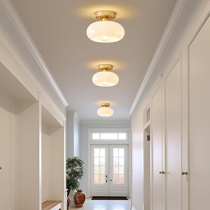 Mid-Century Modern Gold Semi Flush Mount Ceiling Light, Kitchen Ceiling Light Fixture with Glass Shade, Mini White Close to Ceiling Lamp for Entryway Hallway Bathroom (8.66 Inch)