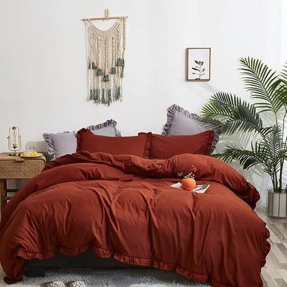 CLOTHKNOW Terracotta Ruffles Full Size Comforter Set 3Pcs Rust Farmhouse Bedding Comforter Sets Burnt Orange Comforter Soft Shabby Chic Comforter Vintage Rustic Bedding Sets